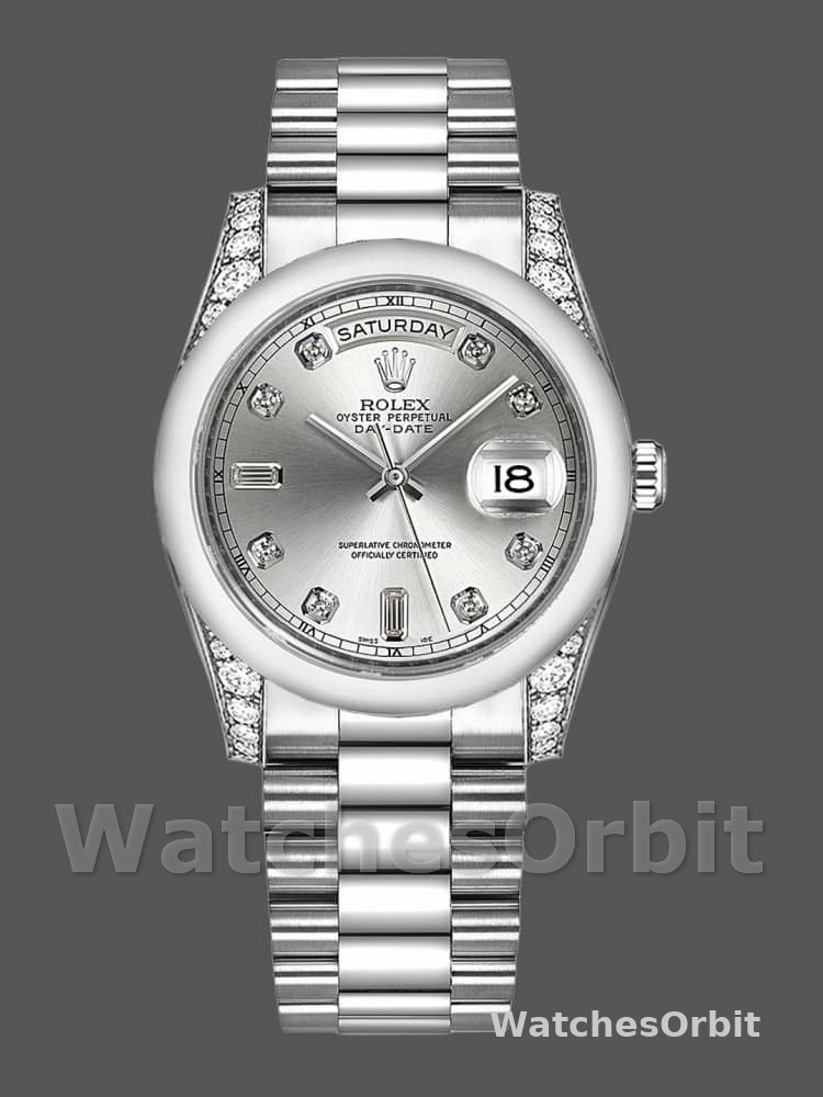 Rolex Day-Date 118296 Platinum Silver Dial Diamond 36mm Unisex Replica Watch