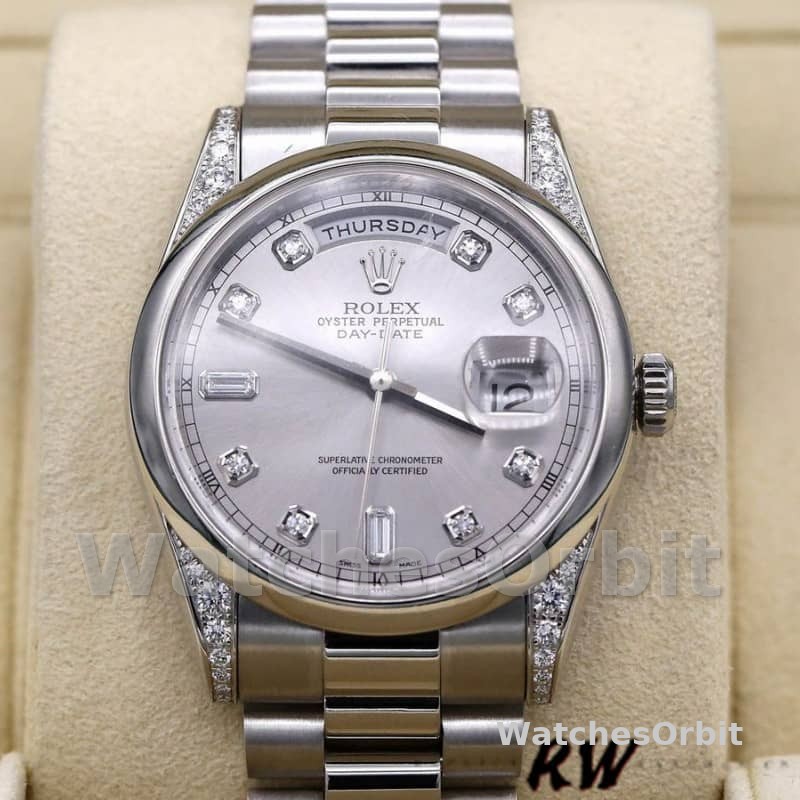 Rolex Day-Date 118296 Platinum Silver Dial Diamond 36mm Unisex Replica Watch