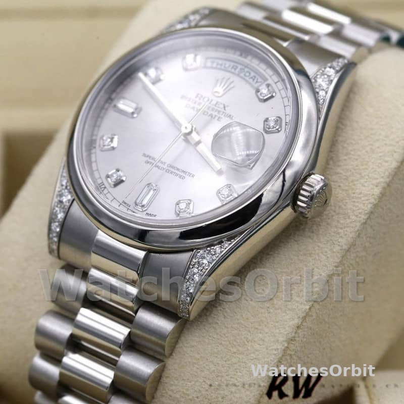 Rolex Day-Date 118296 Platinum Silver Dial Diamond 36mm Unisex Replica Watch