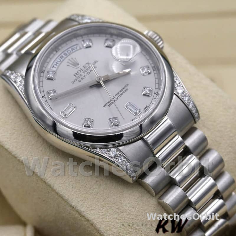 Rolex Day-Date 118296 Platinum Silver Dial Diamond 36mm Unisex Replica Watch