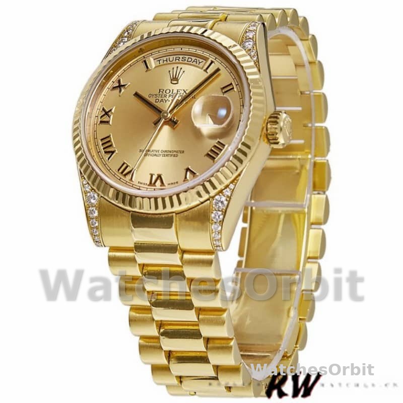 Rolex Day-Date 118338 Champagne Roman Dial Diamond Bezel 36MM Unisex Replica Watch