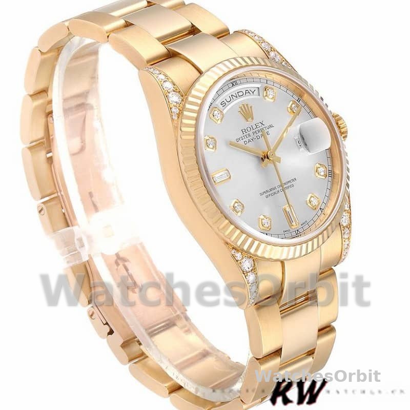 Rolex Day-Date 118338 Yellow gold Silver Diamond dial 36mm Unisex Replica Watch