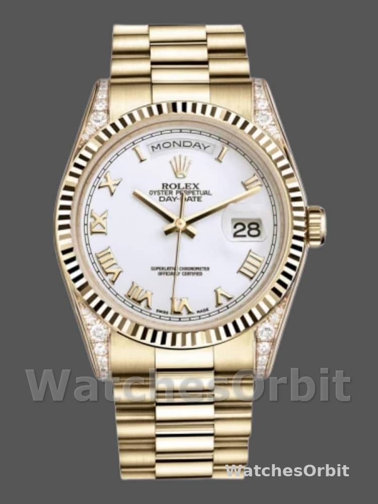 Rolex Day-Date 118338 Yellow gold White Roman Dial 36mm Unisex Replica Watch