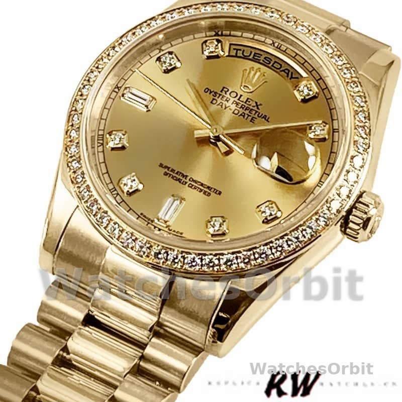 Rolex Day Date 118348 Champagne diamond Dial Yellow Gold 36mm Unisex Replica Watch