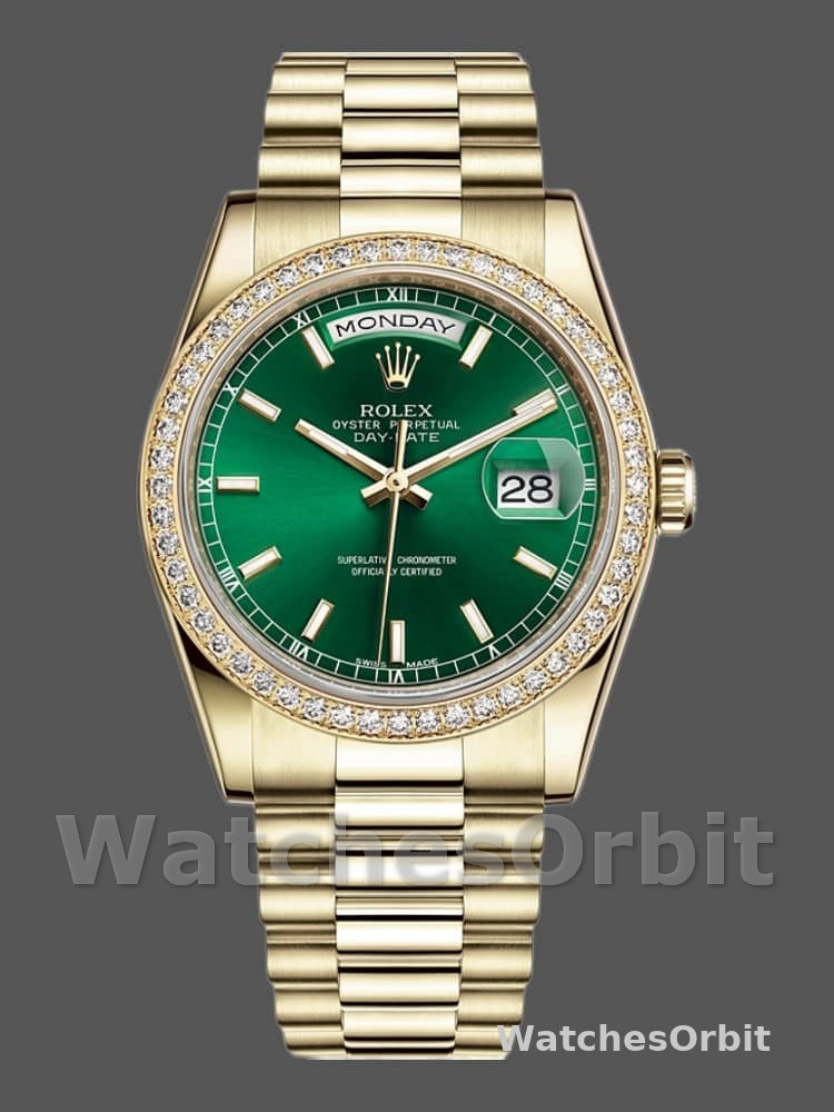 Rolex Day Date 118348 Green Index Dial Yellow Gold 36mm Unisex Replica Watch