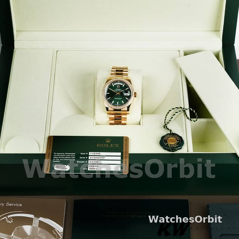 Rolex Day Date 118348 Green Index Dial Yellow Gold 36mm Unisex Replica Watch