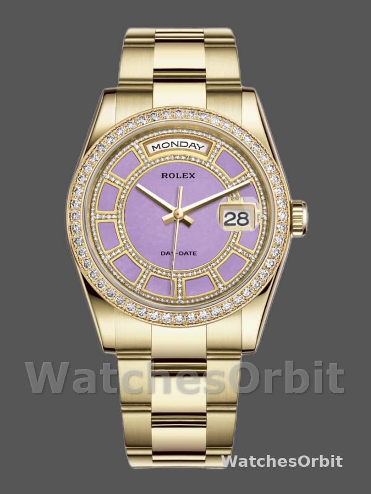 Rolex Day Date 118348 Lavender Jade Carousel Dial Yellow Gold 36mm Unisex Replica Watch