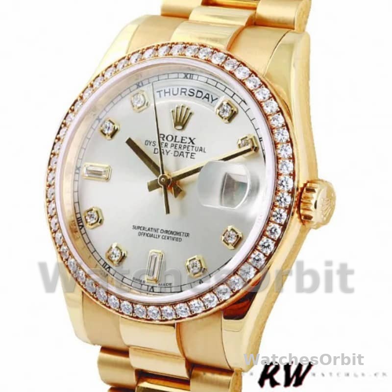 Rolex Day-Date 118348 Silver Diamond Dial 36mm Unisex Replica Watch