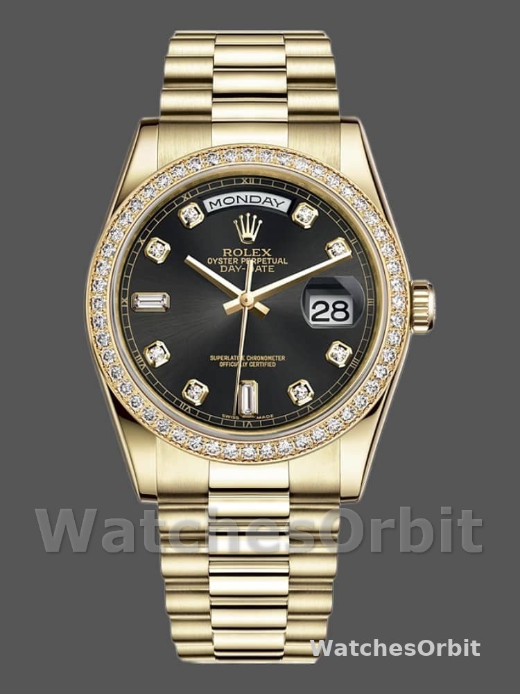 Rolex Day Date 118348 Yellow Gold Black Diamond Dial 36mm Unisex Replica Watch