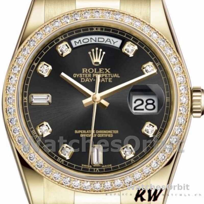 Rolex Day Date 118348 Yellow Gold Black Diamond Dial 36mm Unisex Replica Watch