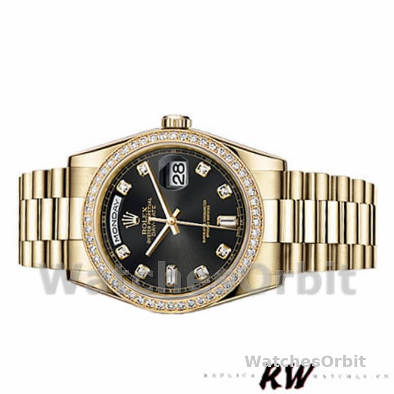 Rolex Day Date 118348 Yellow Gold Black Diamond Dial 36mm Unisex Replica Watch