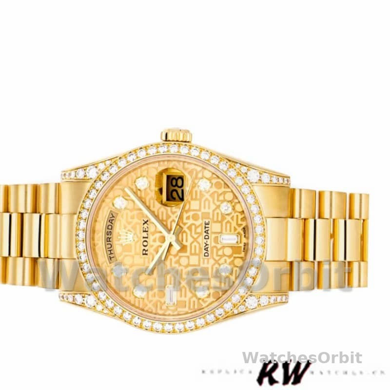 Rolex Day-Date 118388 Champagne Jubilee Diamond Dial Yellow Gold 36MM Unisex Replica Watch