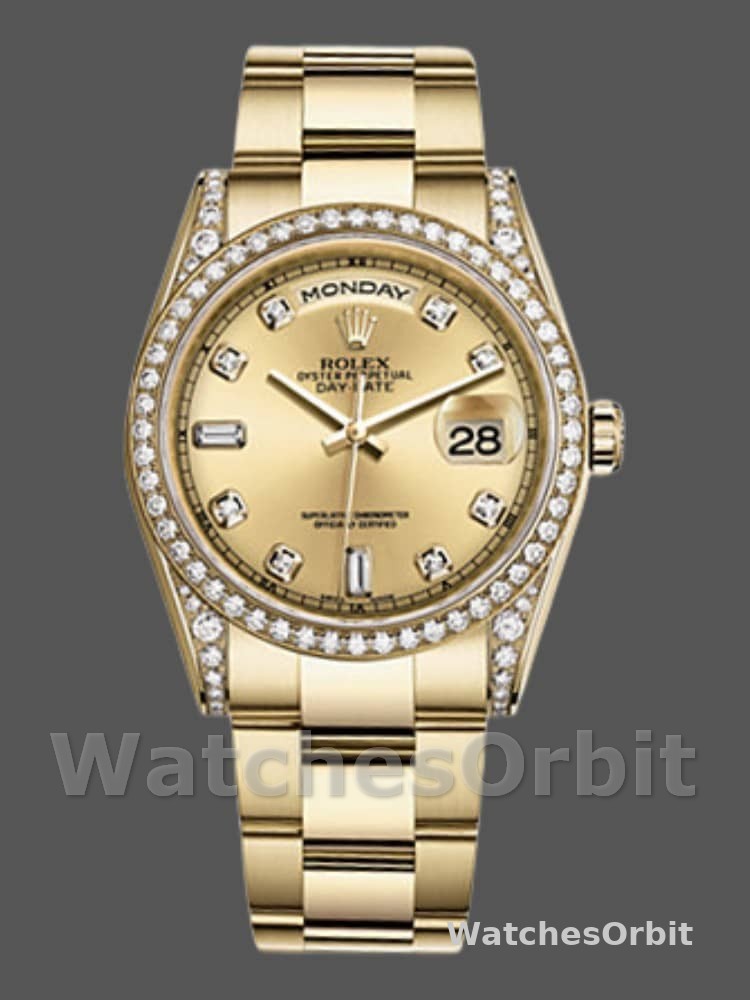 Rolex Day-Date 118388 Diamond Bezel Champagne Dial 36MM Unisex Replica Watch
