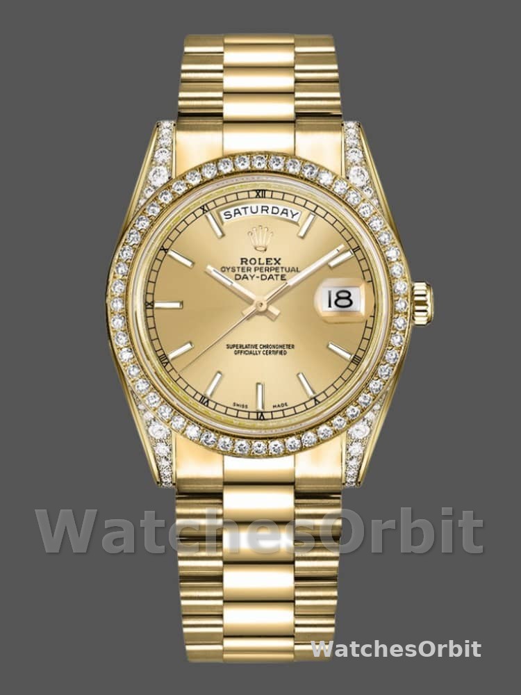 Rolex Day-Date 118388 Diamond Bezel Champagne Index Dial 36MM Unisex Replica Watch