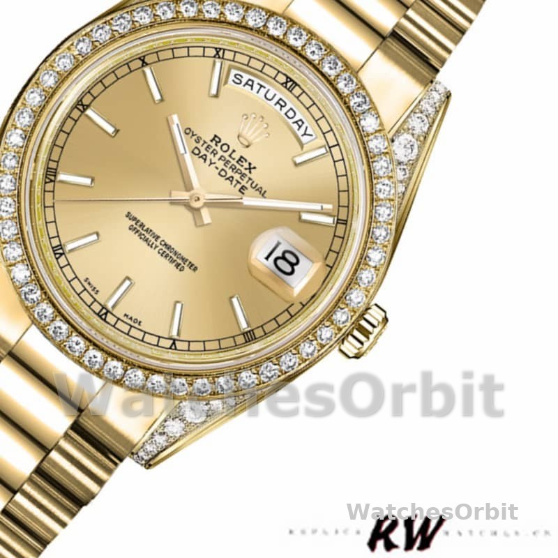 Rolex Day-Date 118388 Diamond Bezel Champagne Index Dial 36MM Unisex Replica Watch