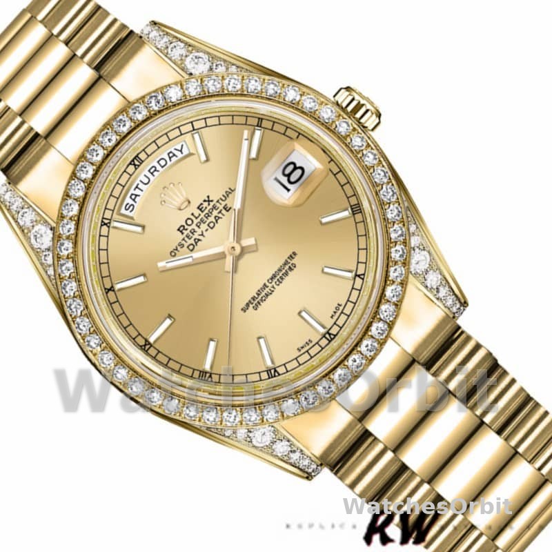 Rolex Day-Date 118388 Diamond Bezel Champagne Index Dial 36MM Unisex Replica Watch