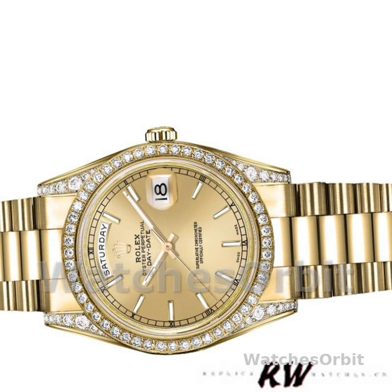 Rolex Day-Date 118388 Diamond Bezel Champagne Index Dial 36MM Unisex Replica Watch