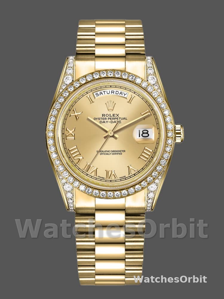 Rolex Day-Date 118388 Diamond Bezel Champagne Roman Numeral Dial 36MM Unisex Replica Watch