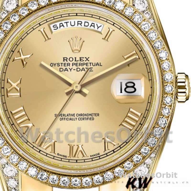 Rolex Day-Date 118388 Diamond Bezel Champagne Roman Numeral Dial 36MM Unisex Replica Watch