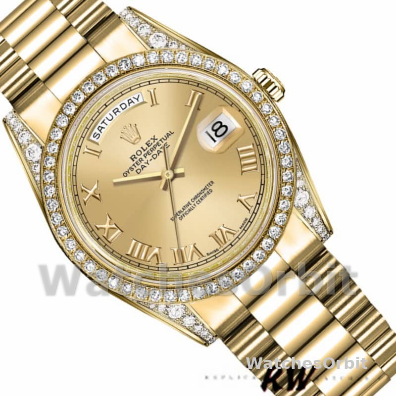 Rolex Day-Date 118388 Diamond Bezel Champagne Roman Numeral Dial 36MM Unisex Replica Watch