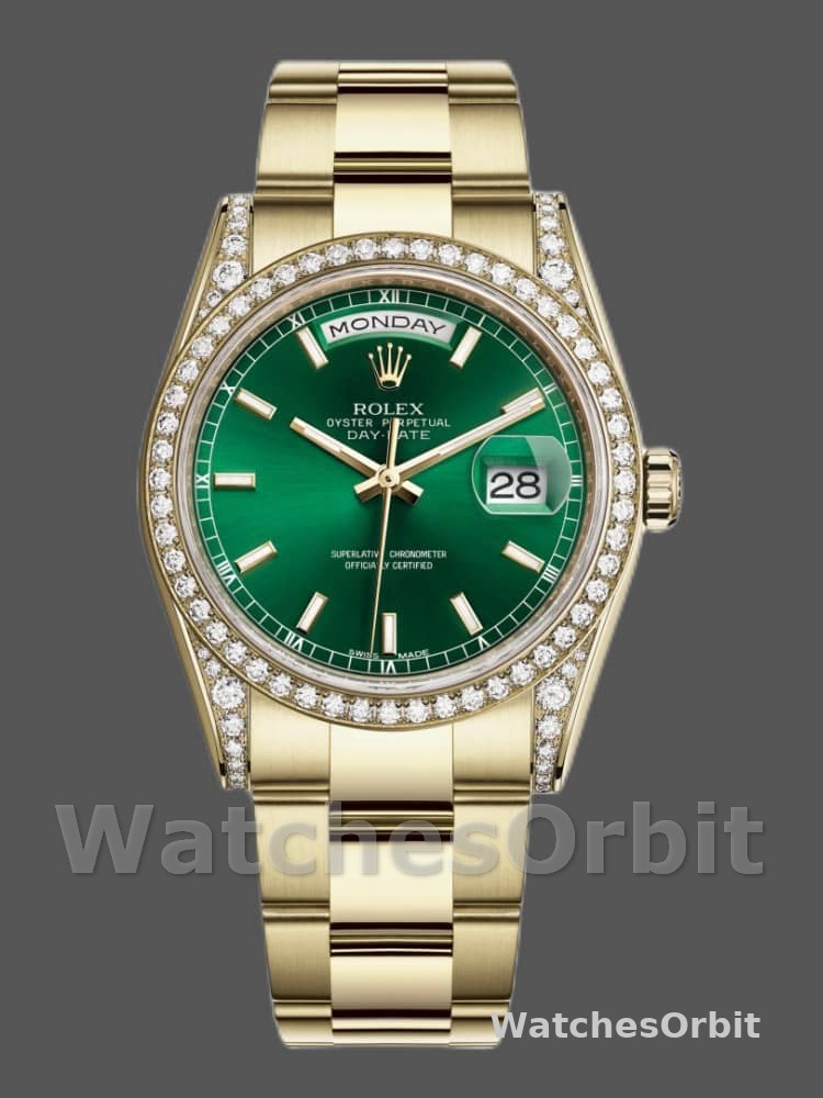 Rolex Day-Date 118388 Diamond Dezel Green Index Dial 36MM Unisex Replica Watch