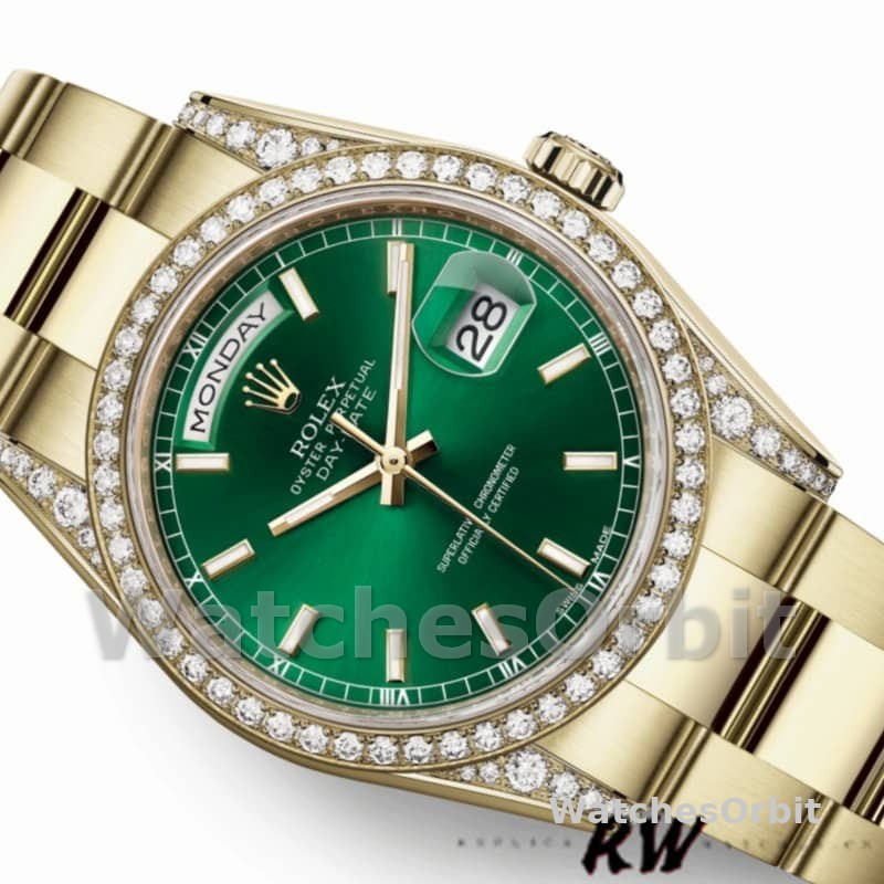 Rolex Day-Date 118388 Diamond Dezel Green Index Dial 36MM Unisex Replica Watch