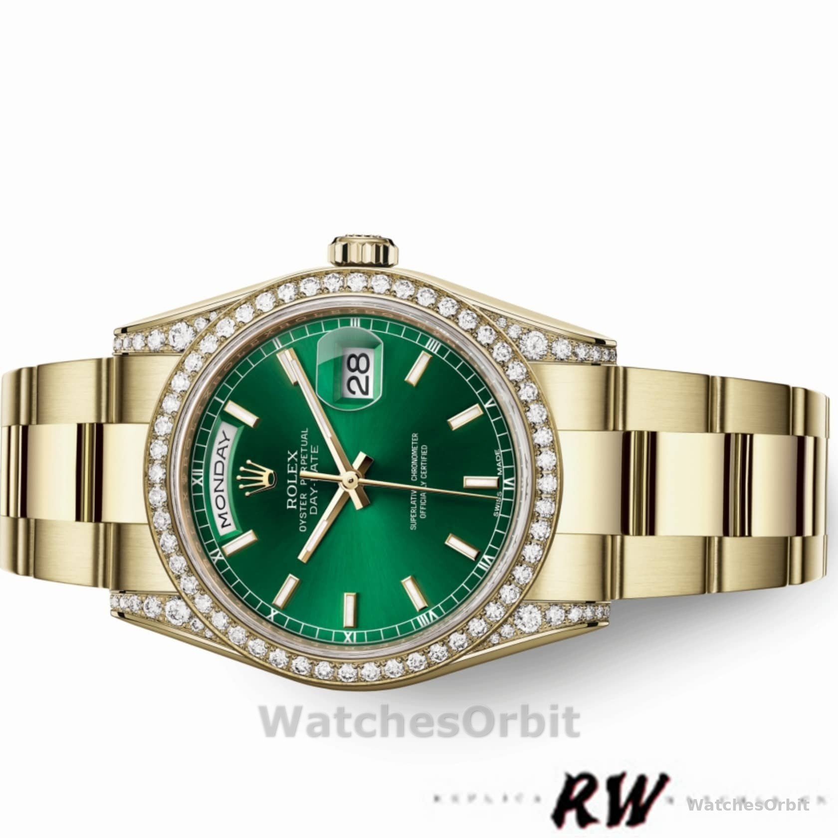 Rolex Day-Date 118388 Diamond Dezel Green Index Dial 36MM Unisex Replica Watch