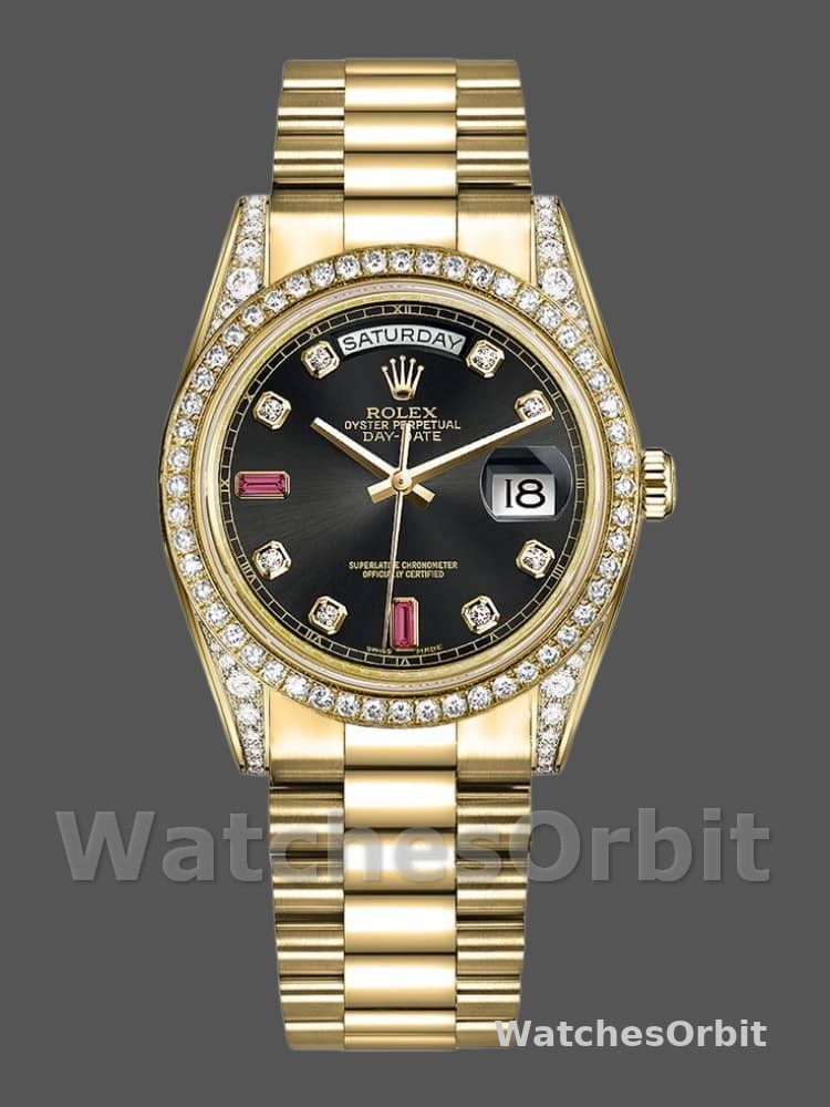 Rolex Day-Date 118388 Yellow Gold Black Diamond Rubies Dial 36mm Unisex Replica Watch