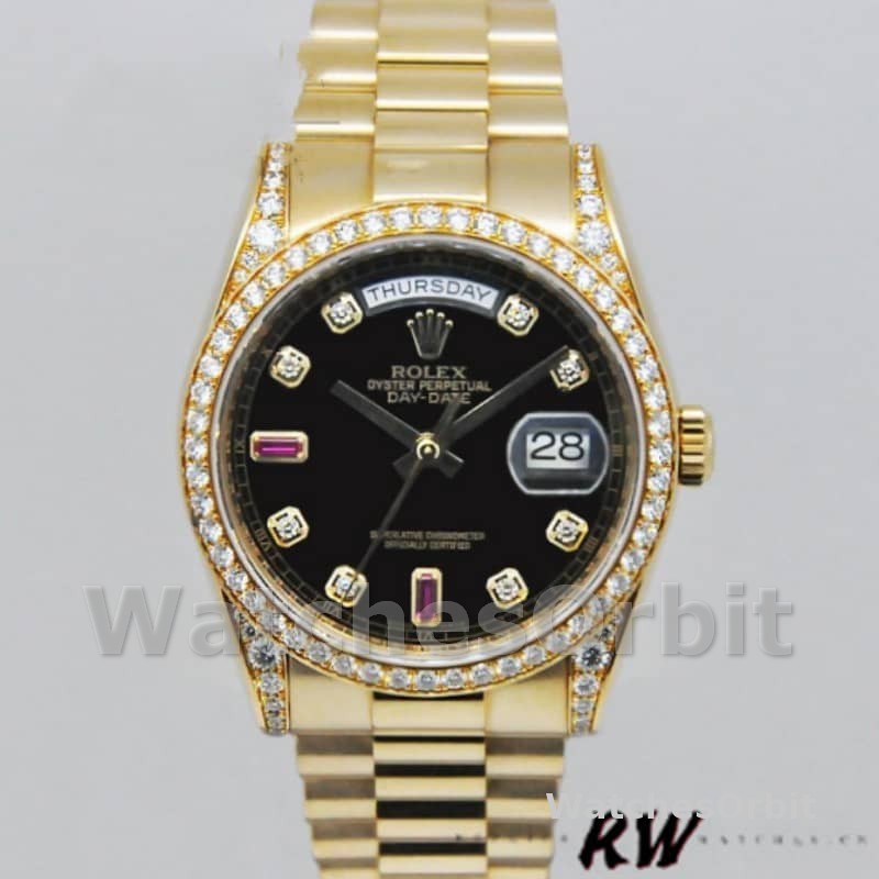 Rolex Day-Date 118388 Yellow Gold Black Diamond Rubies Dial 36mm Unisex Replica Watch