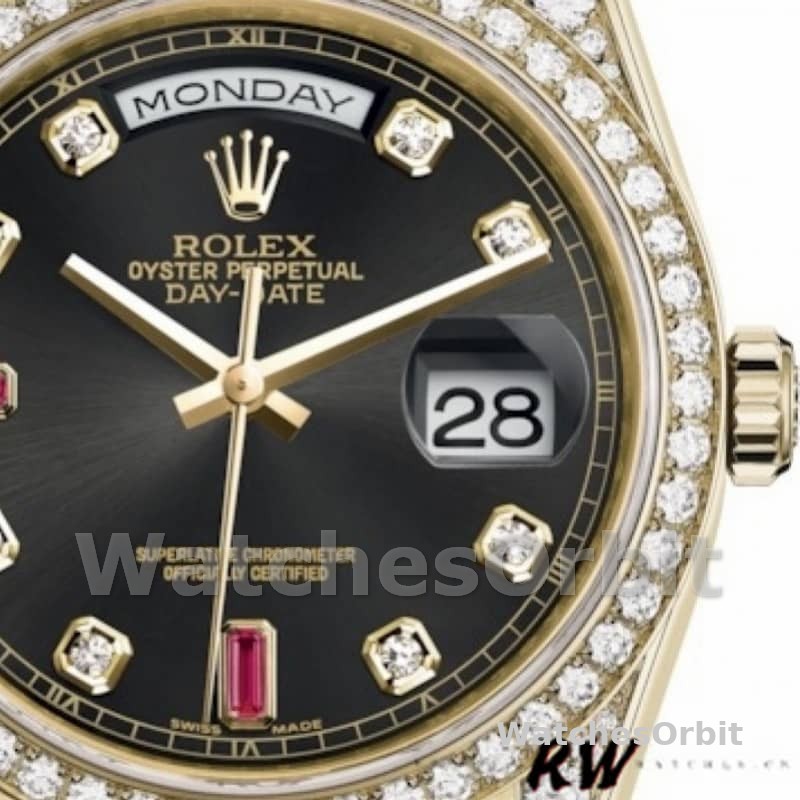 Rolex Day-Date 118388 Yellow Gold Black Diamond Rubies Dial 36mm Unisex Replica Watch