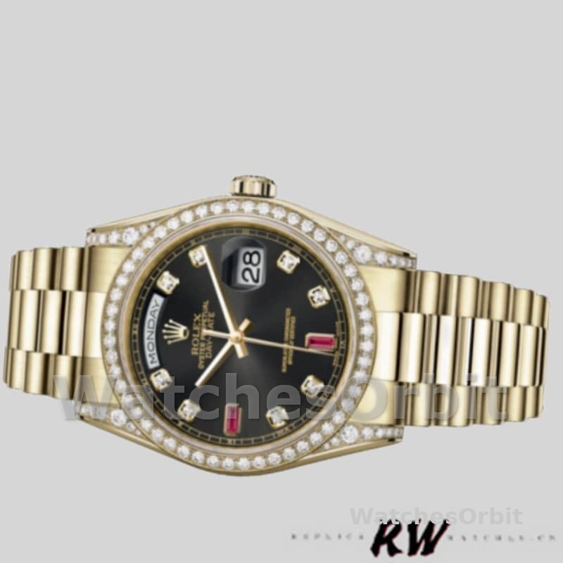 Rolex Day-Date 118388 Yellow Gold Black Diamond Rubies Dial 36mm Unisex Replica Watch