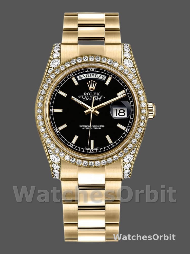 Rolex Day-Date 118388 Yellow Gold Black Index Dial 36mm Unisex Replica Watch