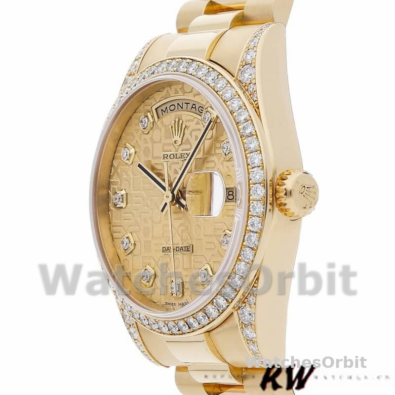 Rolex Day-Date 118388 Yellow Gold Champagne Diamond Dial 36MM Unisex Replica Watch