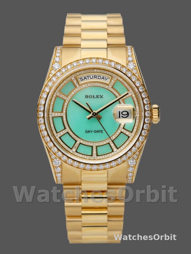 Rolex Day-Date 118388 Yellow Gold Green Diamond Diamond Dial 36MM Unisex Replica Watch