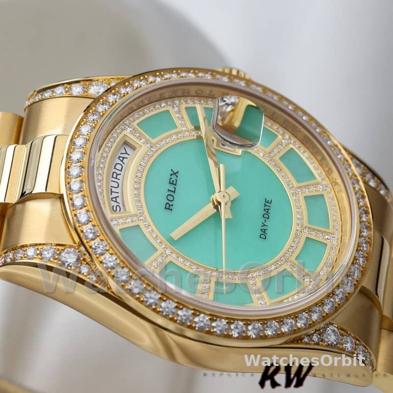 Rolex Day-Date 118388 Yellow Gold Green Diamond Diamond Dial 36MM Unisex Replica Watch
