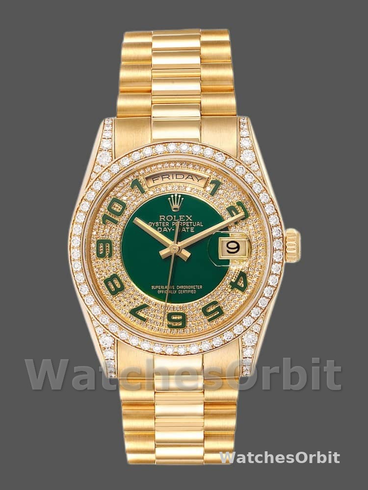 Rolex Day-Date 118388 Yellow Gold Green Enamel Diamond Dial 36MM Unisex Replica Watch