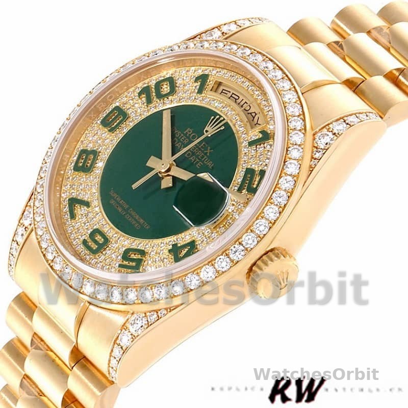 Rolex Day-Date 118388 Yellow Gold Green Enamel Diamond Dial 36MM Unisex Replica Watch