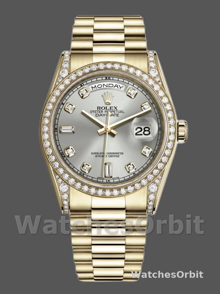 Rolex Day-Date 118388 Yellow Gold Silver Diamond Dial 36MM Unisex Replica Watch