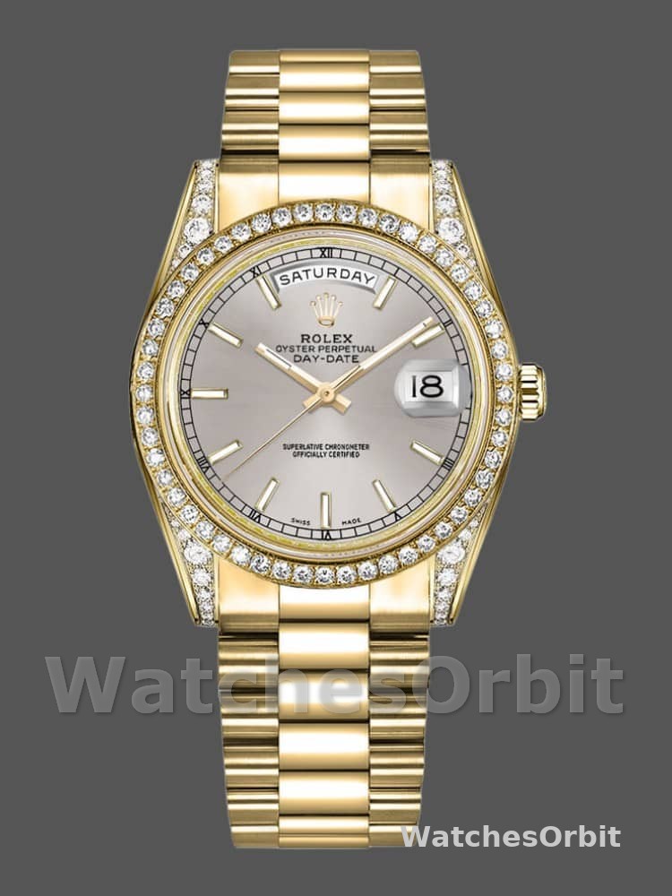 Rolex Day-Date 118388 Yellow Gold Silver Index Dial 36MM Unisex Replica Watch