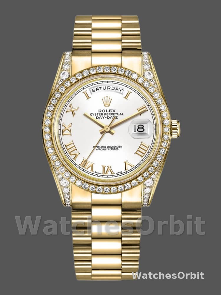Rolex Day-Date 118388 Yellow Gold White Roman Numeral Dial 36MM Unisex Replica Watch
