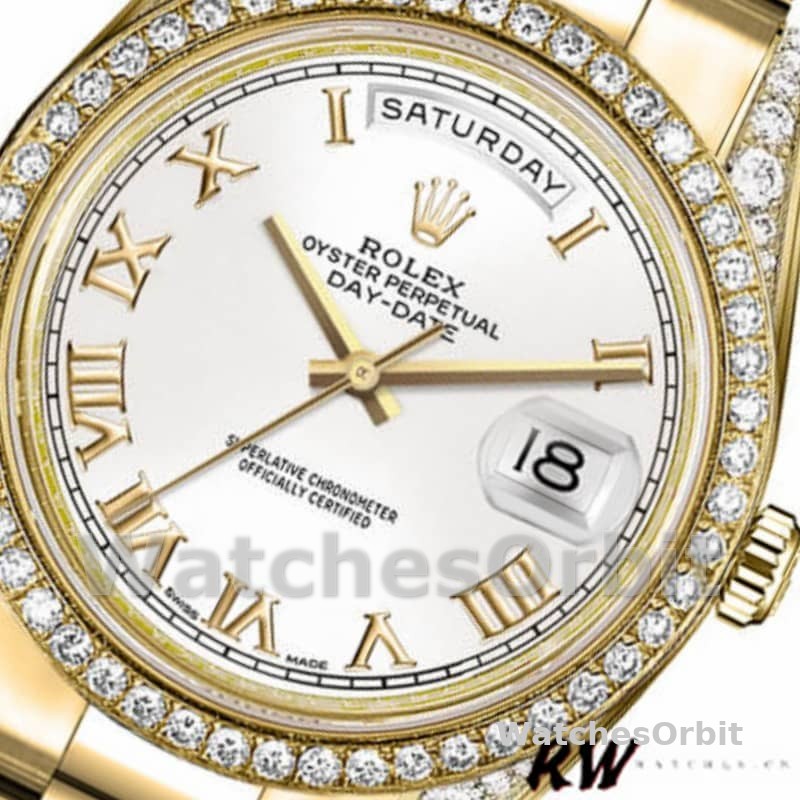 Rolex Day-Date 118388 Yellow Gold White Roman Numeral Dial 36MM Unisex Replica Watch