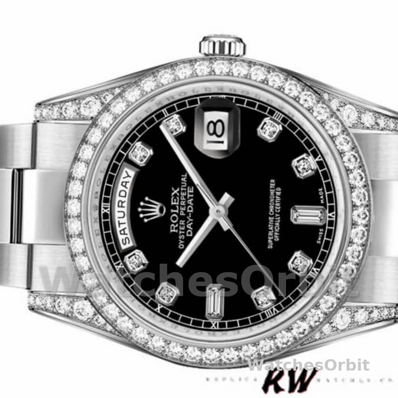 Rolex Day-Date 118389 Diamond Bezel Black Diamond Dial 36MM Unisex Replica Watch