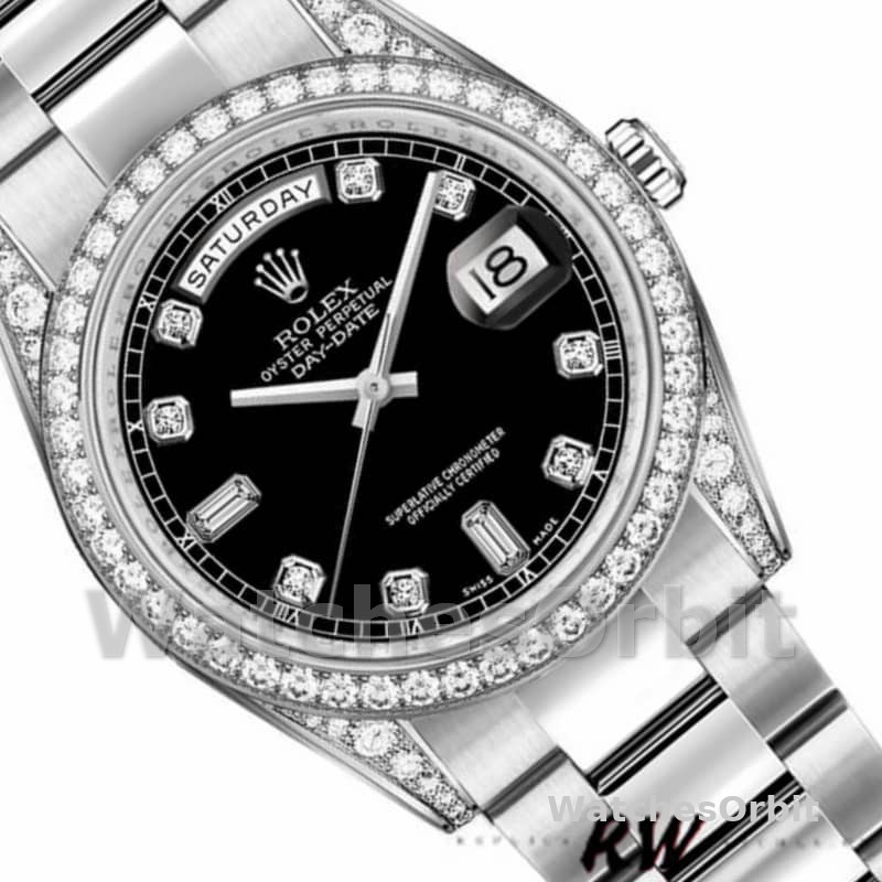 Rolex Day-Date 118389 Diamond Bezel Black Diamond Dial 36MM Unisex Replica Watch