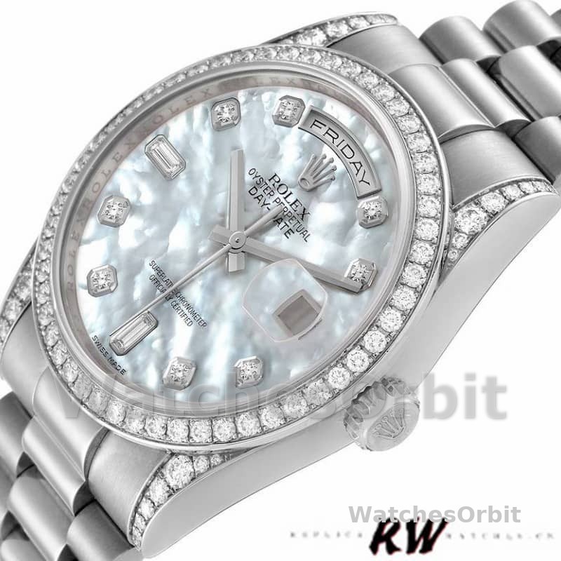 Rolex Day-Date 118389 Diamond Bezel MOP White Dial 36MM Unisex Replica Watch