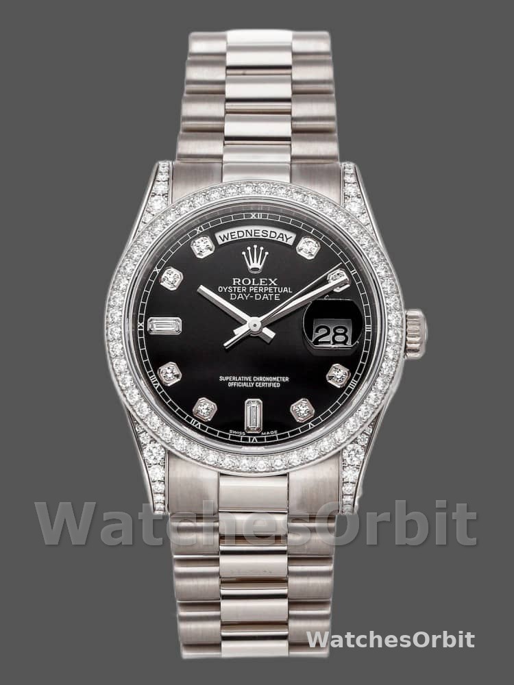 Rolex Day-Date 118389 White Gold Black Diamond Dial 36MM Unisex Replica Watch