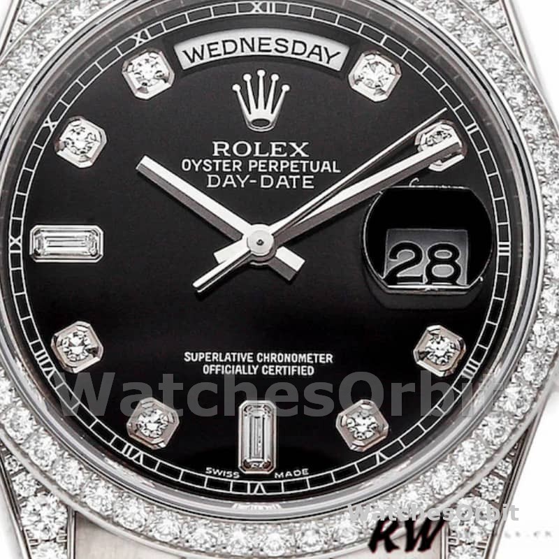 Rolex Day-Date 118389 White Gold Black Diamond Dial 36MM Unisex Replica Watch