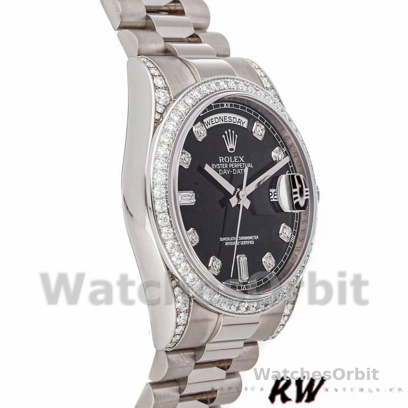 Rolex Day-Date 118389 White Gold Black Diamond Dial 36MM Unisex Replica Watch