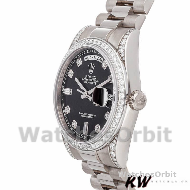 Rolex Day-Date 118389 White Gold Black Diamond Dial 36MM Unisex Replica Watch