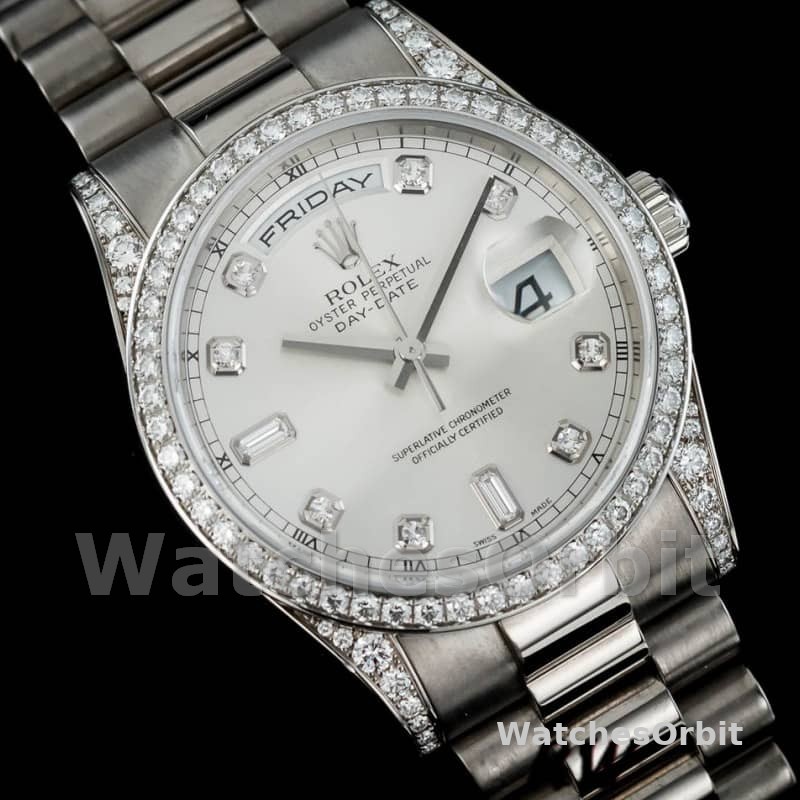 Rolex Day-Date 118389 White Gold Silver Diamond dial 36MM Unisex Replica Watch