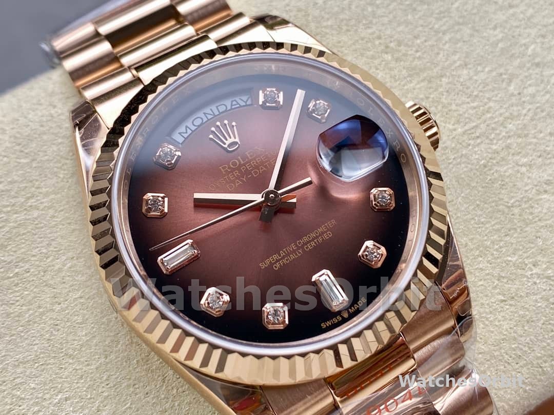 Rolex Day-Date 128235 Everose Gold Brown Ombre Diamond Dial 36MM Unisex Replica Watch